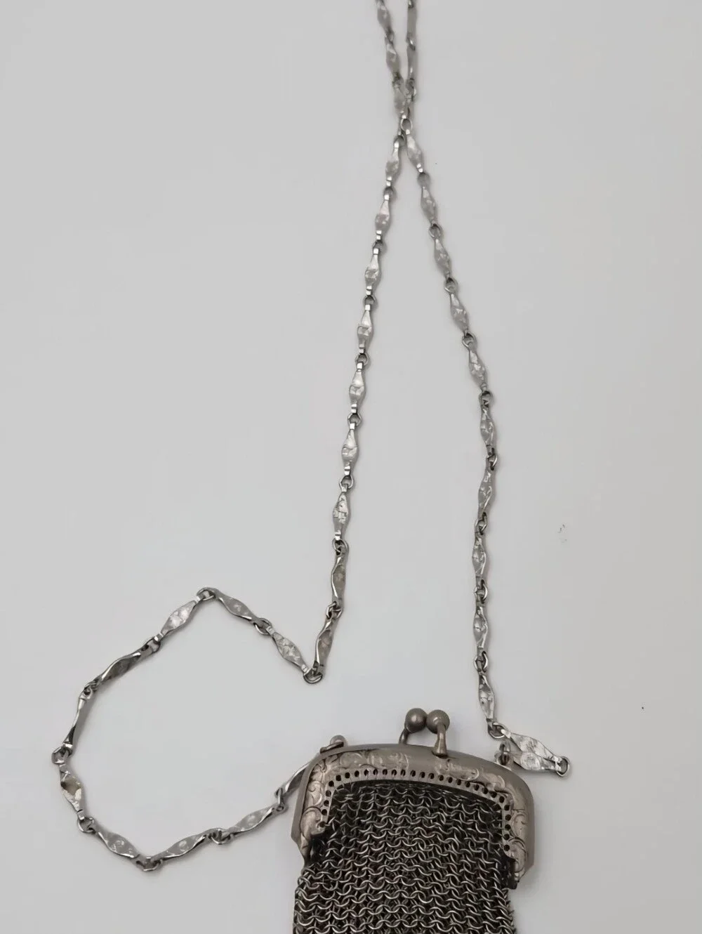 Vintage German Silver Mesh Evening Purse Chainmail Bag Ornate Frame Necklace